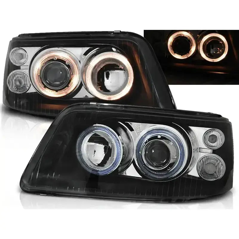 Frontlykter Vw T5 Angel Eyes Black med svarte hus, klare linser og LED-ringer, skrå vinkel.