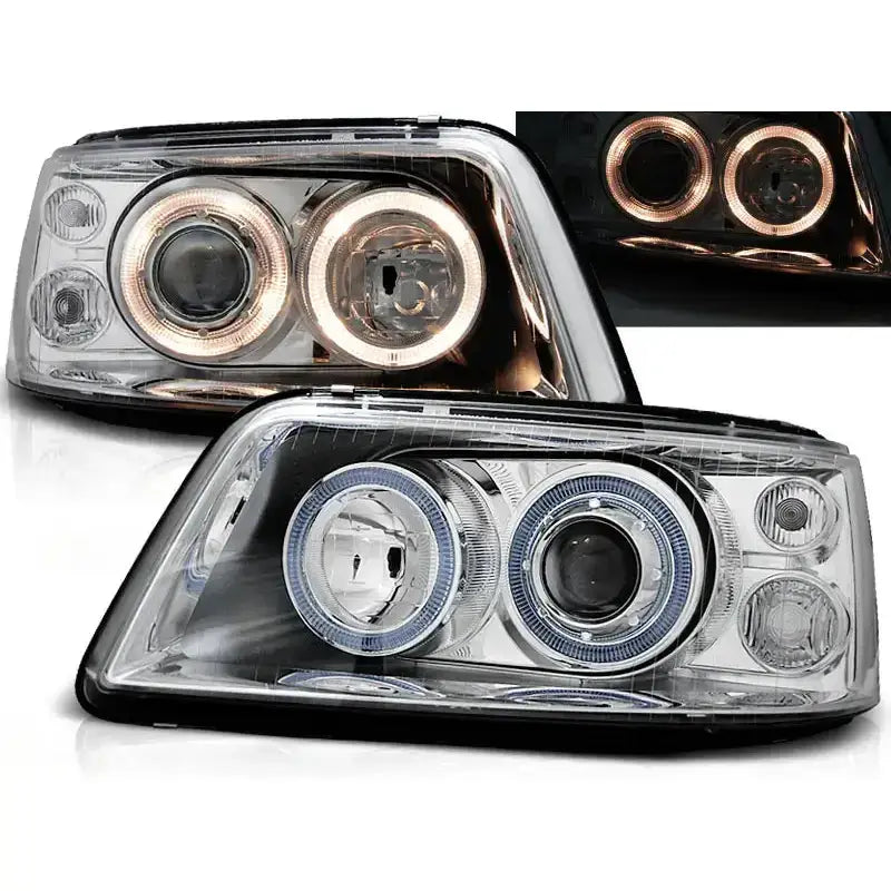 Frontlykter Vw T5 Angel Eyes Chrome med runde linser og LED-lysringer i blått og hvitt sett forfra.
