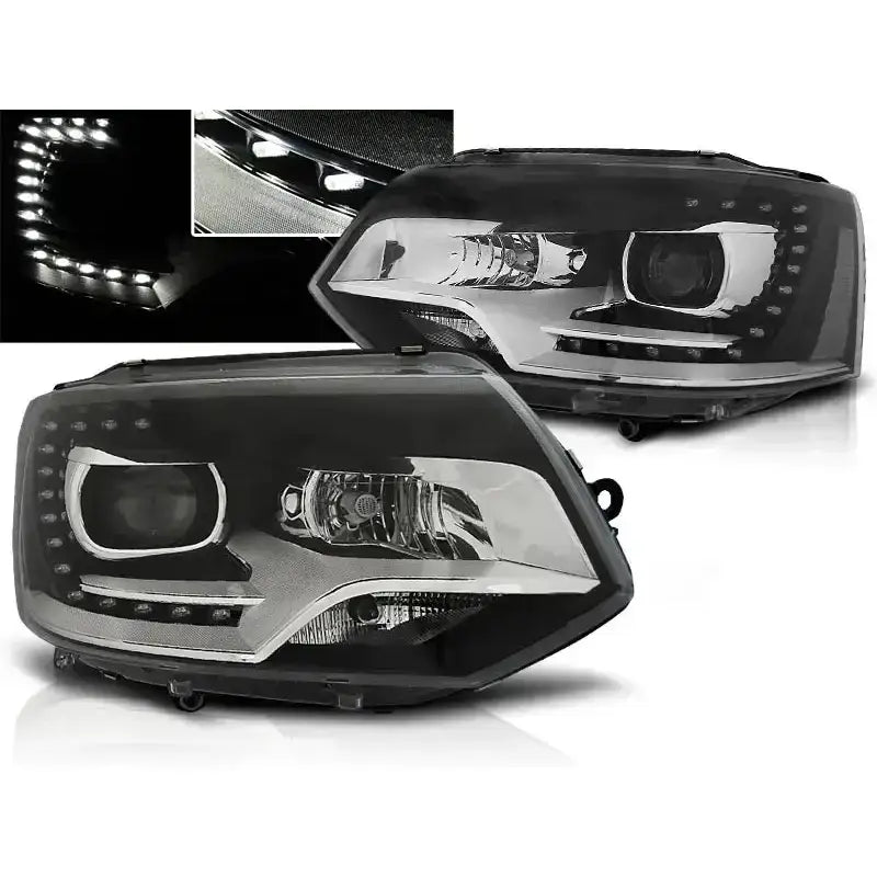 Frontlykter Vw T5 2010-15 Tru DRL Xenon Look i sort og krom med LED-lys, vist fra skrå vinkel.