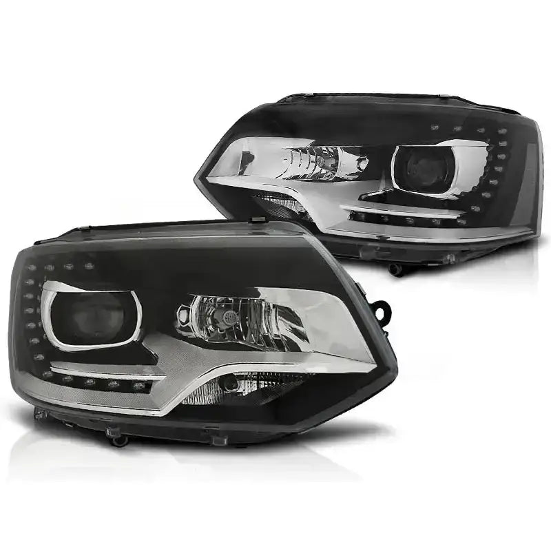 Hovedlykter Vw T5 2010-15 Tru DRL Xenon Look med LED-lysrekker, vist fra skrå vinkel.