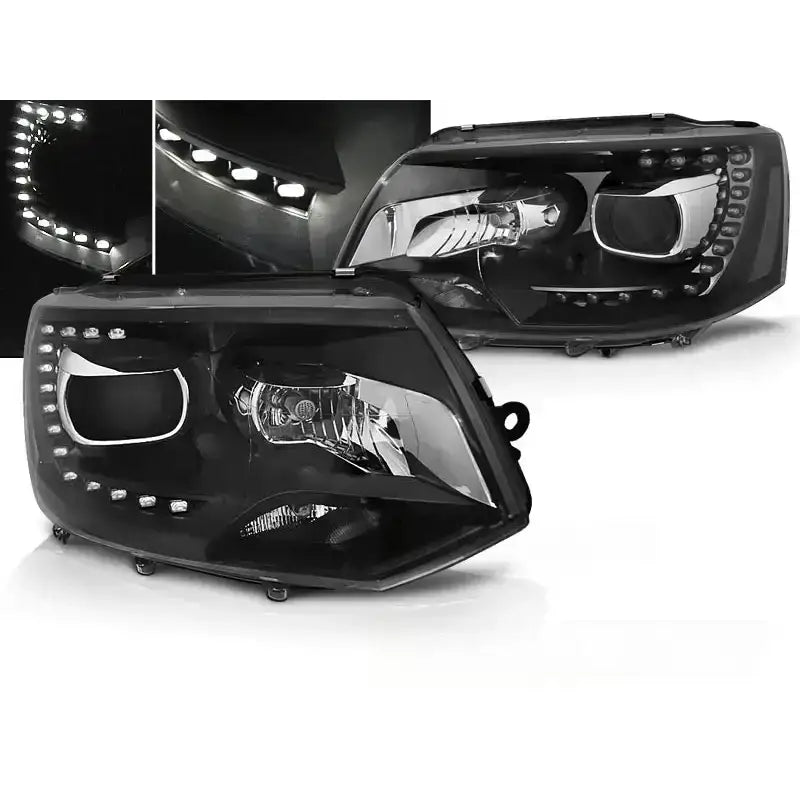 Frontlykter Vw T5 2010-15 Tru DRL Xenon Look Black med LED-lys, vist fra skrå vinkel.