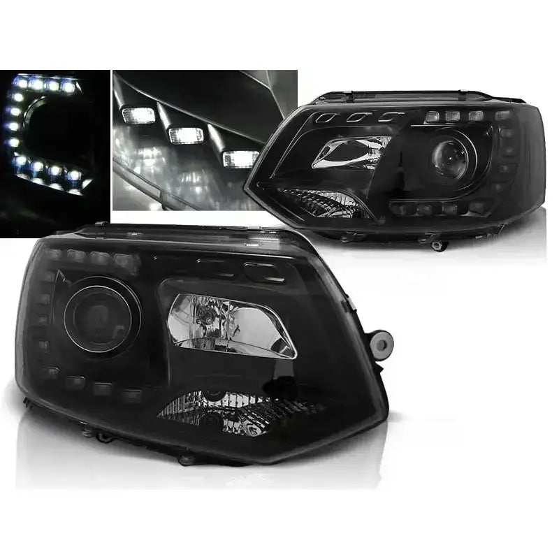 Frontlykter Vw T5 2010-2015 Black Tru DRL med LED-detaljer sett fra skrå vinkel.