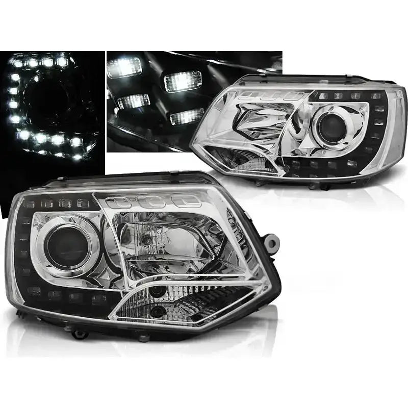 Frontlykter Vw T5 2010-2015 Chrome Tru DRL med LED-lys, sett fra skrå frontvinkel.