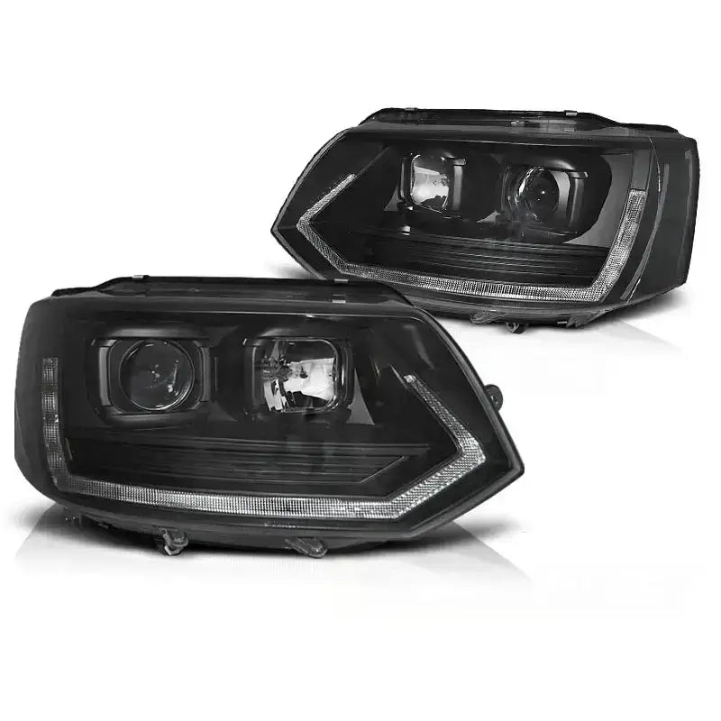 Frontlykter Vw T5 2010-2015 Tube Light T6 Look Black med klart glass og LED-dekor, sett forfra.