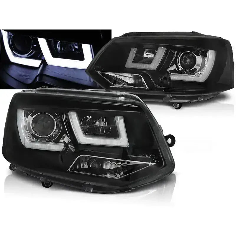 Hovedlys Vw T5 U-Type Black, sorte frontlykter med LED-lysbånd, opplyst design vist i innsatsbilde.