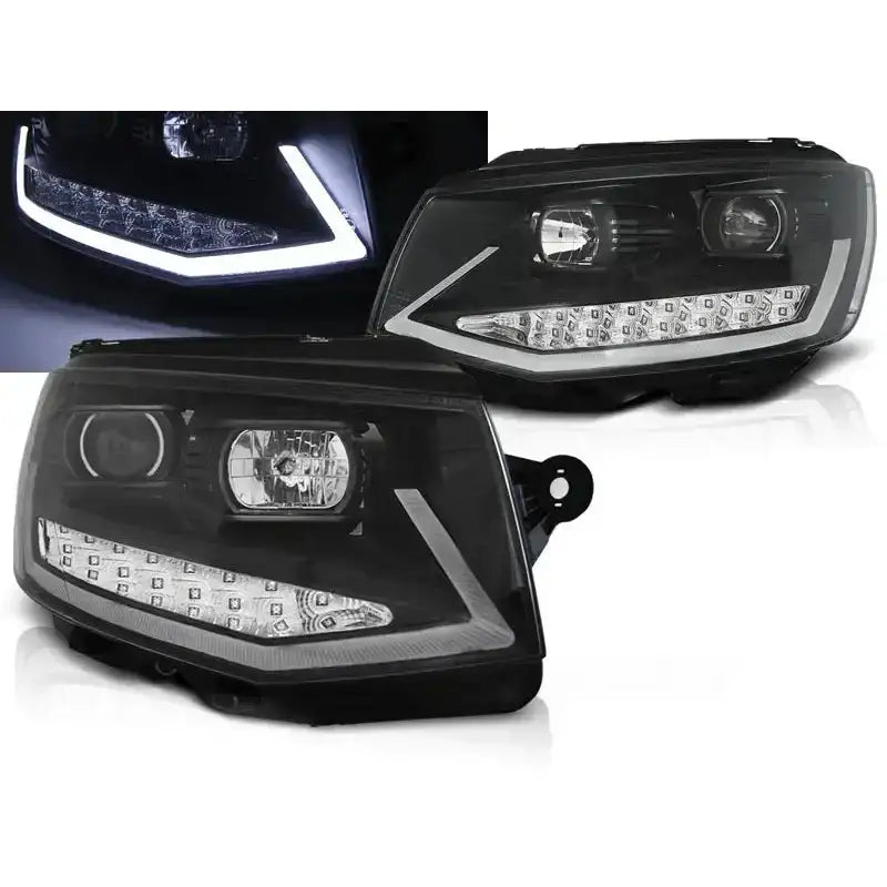 Frontlykter VW T6 Black Tube Light med LED DRL, vist med sølvdetaljer og opplyste LED-striper.