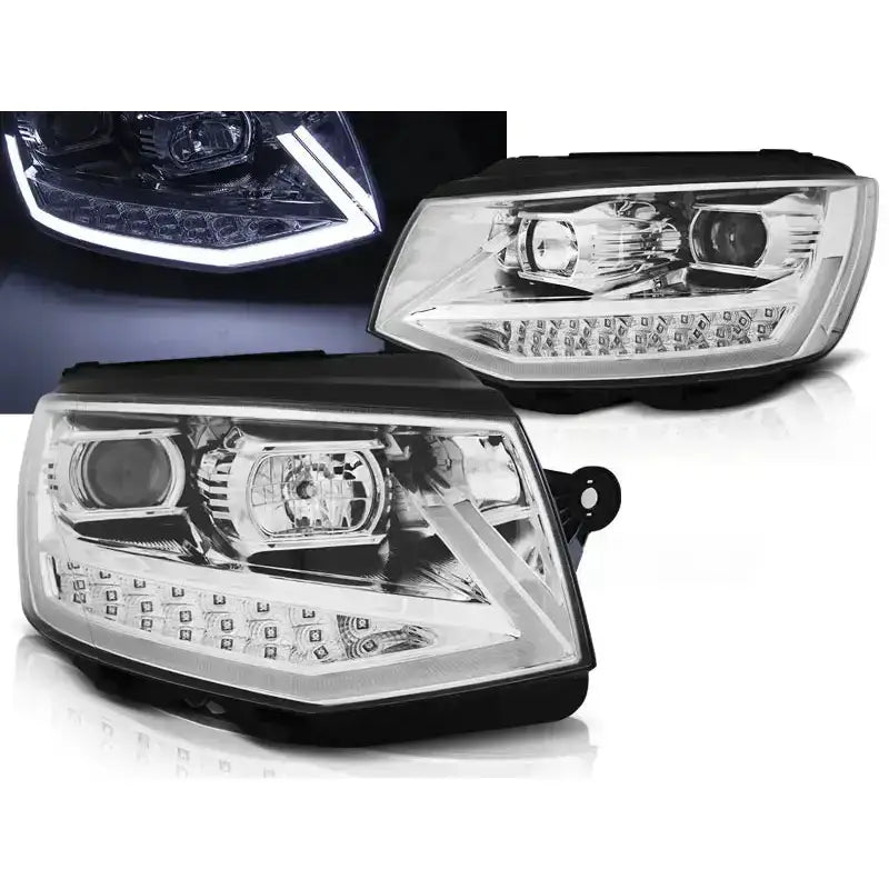 Frontlykter Vw T6 15- Chrome Tube Light Led DRL med LED-stripe og reflektorer, sett skrått forfra.