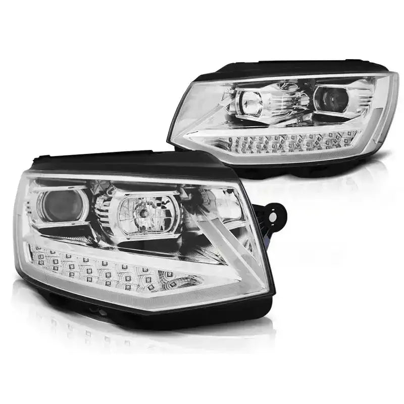 Hovedlykter Vw T6 15- Chrome Tube Light med LED DRL, sett forfra med svart ramme.