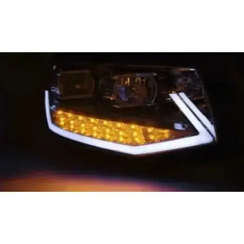 Headlights Vw T6 15- Chrome Tube Light med oransje LED og hvit LED-strip, skrå venstre vinkel.