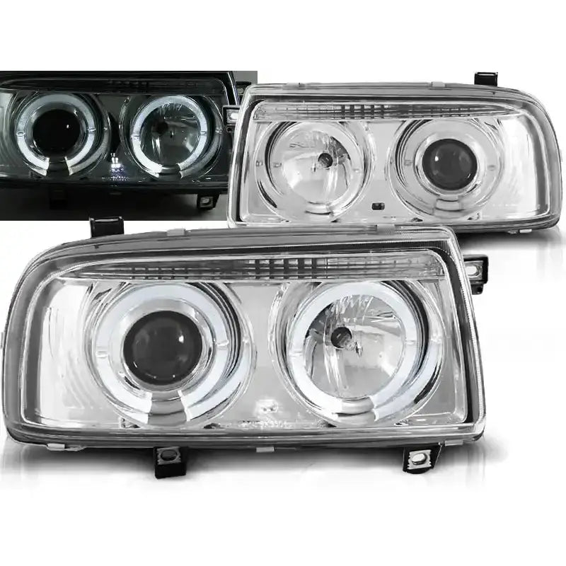 Frontlykter Vw Vento Angel Eyes Chrome med to sirkulære linser og sølvfargede detaljer.