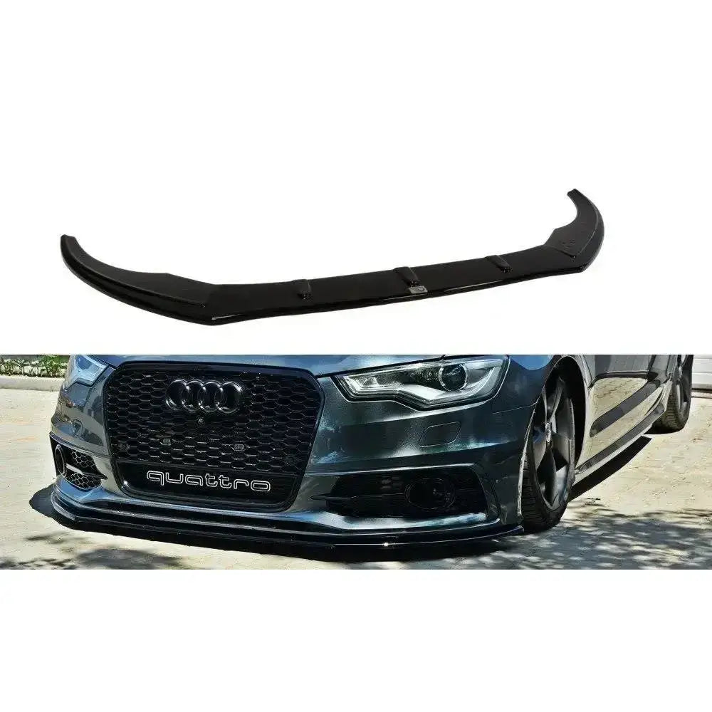 Frontspoiler Audi A6 C7 S-Line V.1 i sort plast med blank finish, vist både alene og montert på bil.