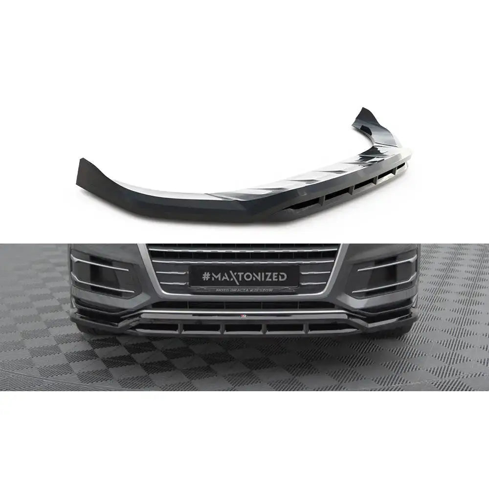 Frontspoiler Audi Q7 Mk2 i sort plast montert på bil, vist fra skrå vinkel med glanset finish.