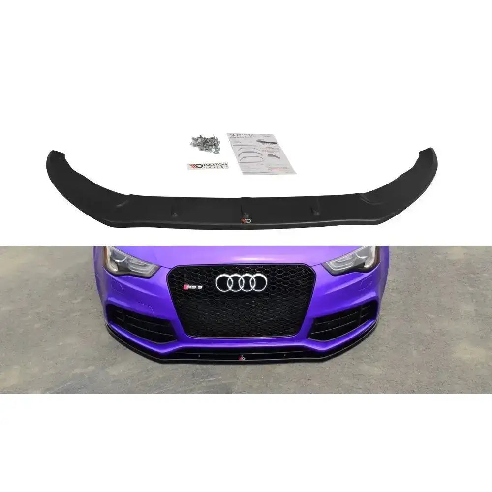 Frontspoiler Audi RS5 8T svart plast, sett ovenfra med skruer, instruksjoner og montert på lilla bil.