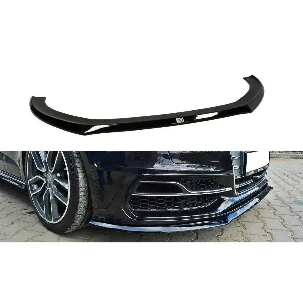 Frontleppe til Audi S3 A3 S-Line 8V, sort blank plast, vises separat og montert på bilens frontfanger.