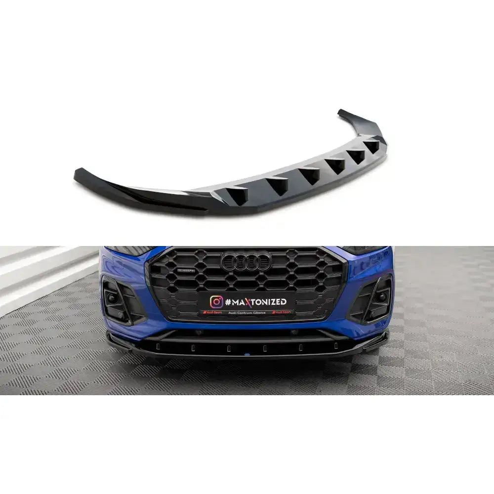 Frontspoiler Audi SQ5/Q5 S-Line Facelift i sort blank plast montert på blå bil med sporty kantdetaljer.