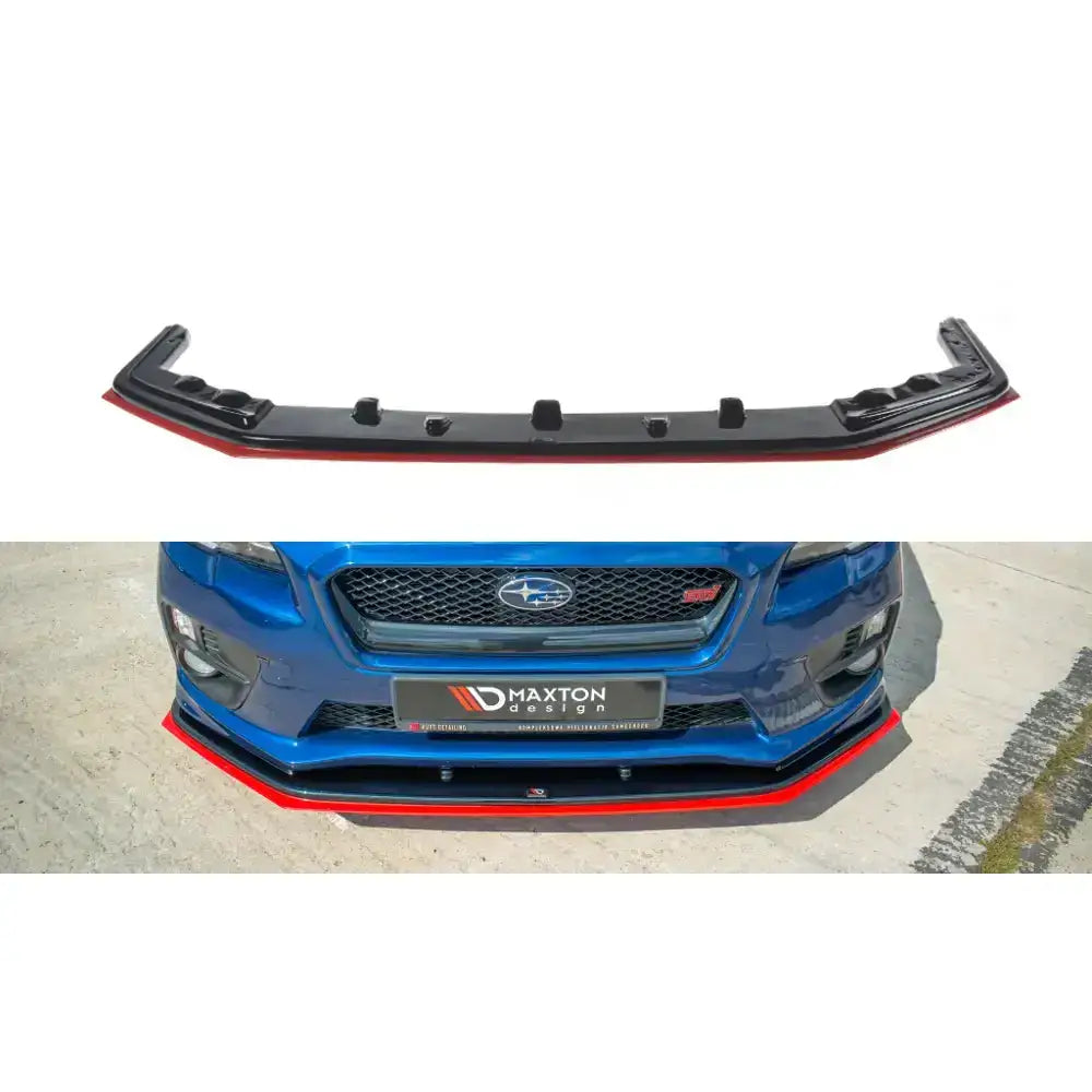 Frontspoiler Subaru Wrx Sti Black+Red V.2 med rød kant, montert på blå bil og som enkeltprodukt.