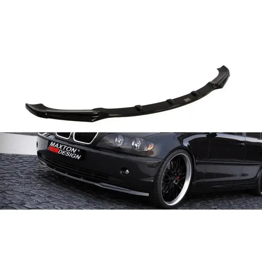 Frontspoiler til BMW 3 E46 Saloon Facelift, svart plast med skinnende finish, montert og separat vist.