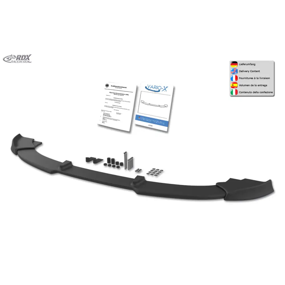 Frontleppe BMW 5 E60/E61 07-10 M-Technik med monteringsutstyr og dokumentasjon på hvit bakgrunn.