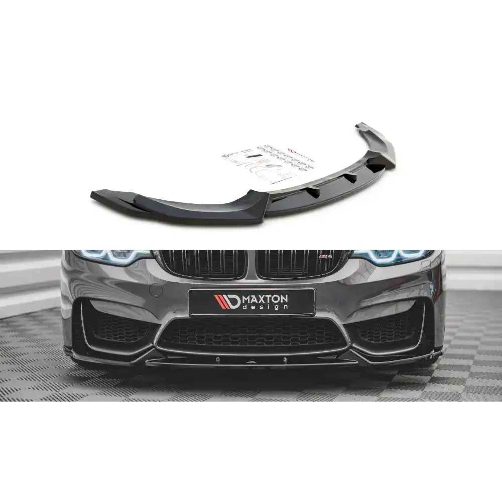 Frontspoiler til BMW M4 F82 14-, sort plast, vist separat og montert for et sporty utseende.