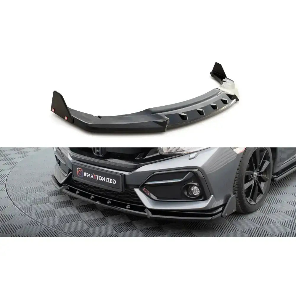 Frontspoiler Honda Civic Sport Mk 10 med flaps, sort plast med markerte kanter, montert på bilens frontfanger.