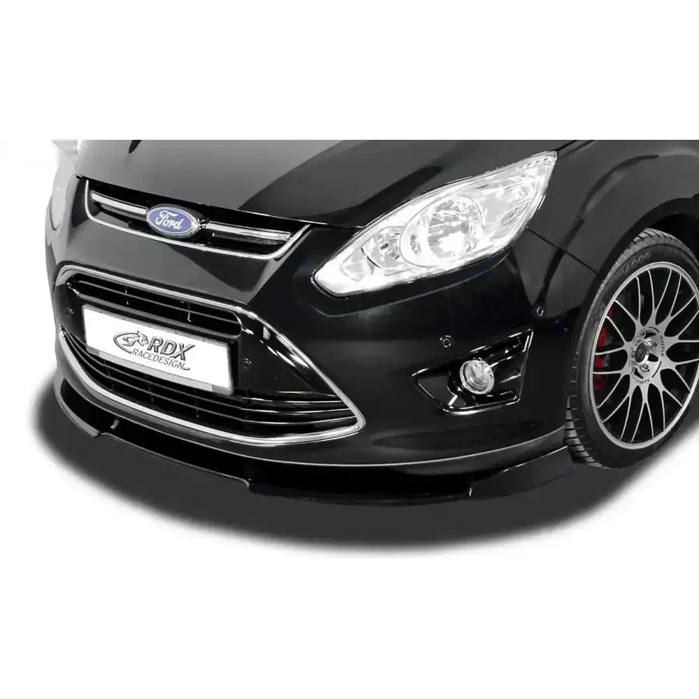 Frontspoiler til Ford C-Max 10-15 Vario X i blank sort plast, montert på bilfront sett skrått forfra.
