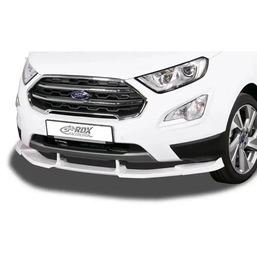 Frontspoiler til Ford EcoSport 17- montert på hvit bil, sett forfra med detaljer av grill og lykter.