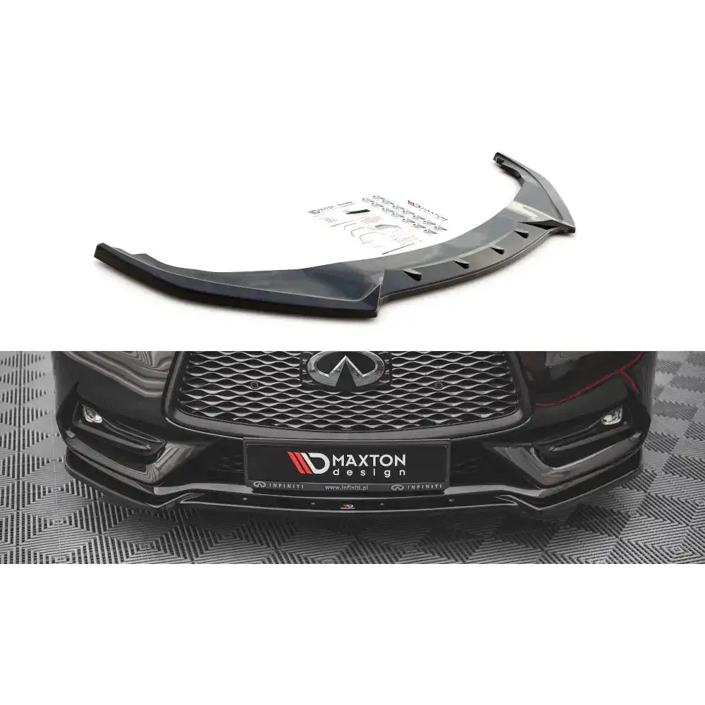 Frontspoiler Infiniti Q60 S Mk2 17- i sort blank plast, vist både separat og montert på bil forfra.