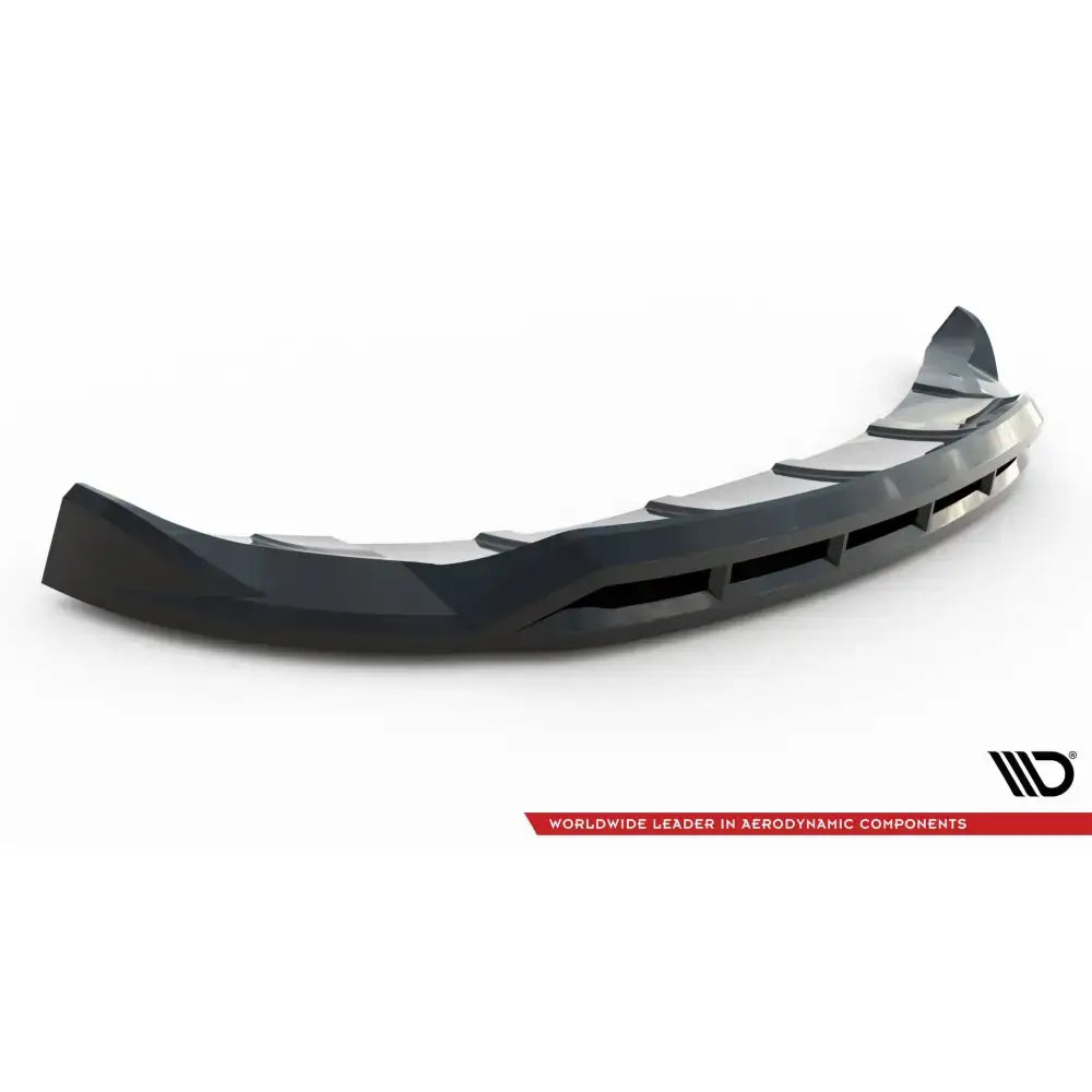 Front splitter Land Rover Discovery HSE Mk5 i sort plast med vinkler og ribber, sett fra siden og ovenfra.