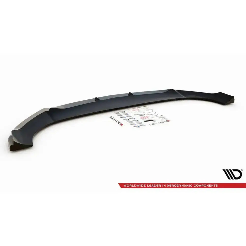 Front lip til Mercedes GLE Coupe C167, svart plast med festedeler og instruksjoner på hvit bakgrunn.