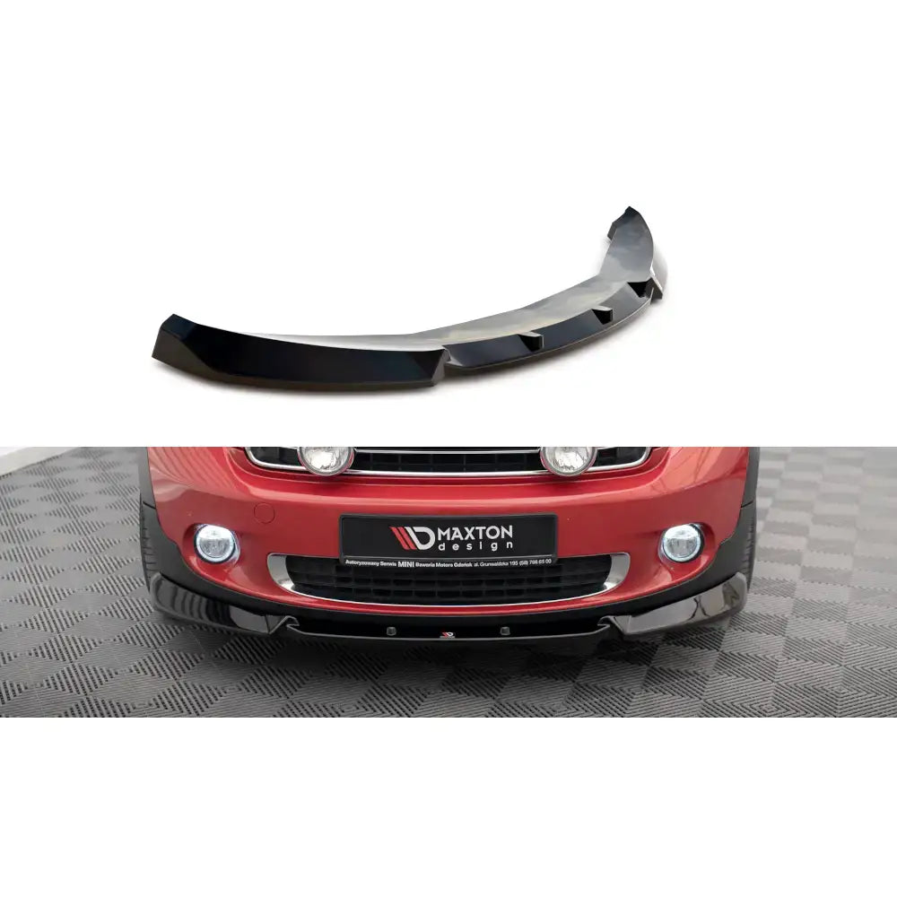 Frontspoiler til Mini Cooper Countryman R60 Facelift, sort plast med glanset finish, montert på rød bil.