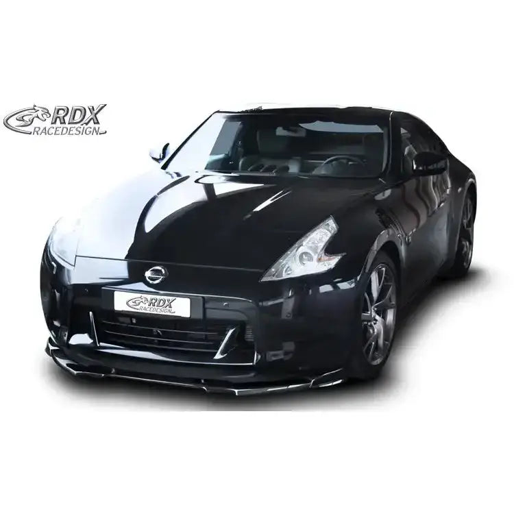 Frontleppe på Nissan 370Z 08-13, sort bil med lav spoiler og RDX RaceDesign-logo øverst til venstre.