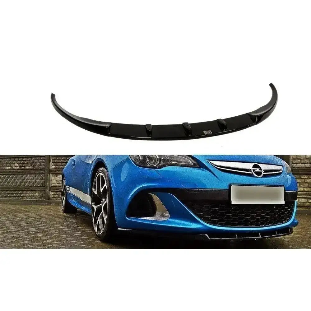 Frontspoiler Opel Astra J OPC VXR i sort plast sett ovenfra og montert på blå bil forfra.