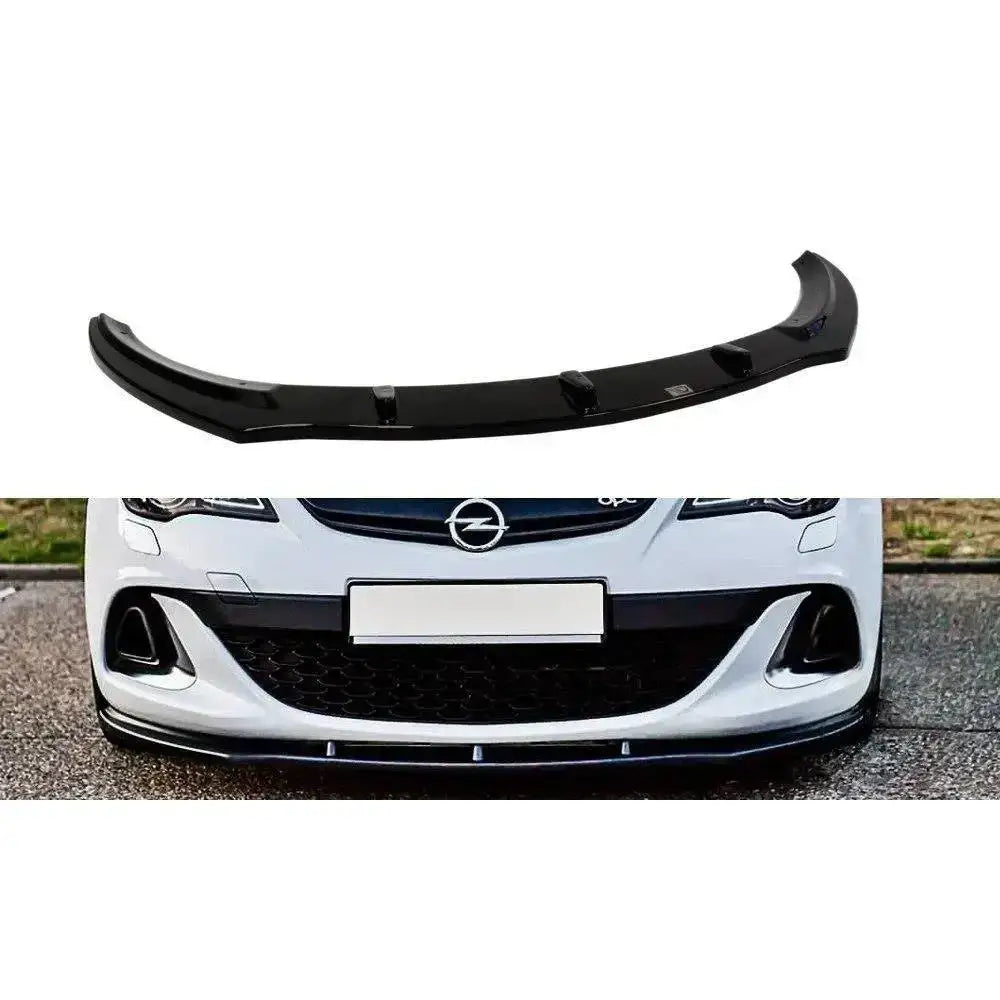 Frontspoiler til Opel Astra J OPC V.1, svart plast, vist alene og montert på hvit bil forfra.