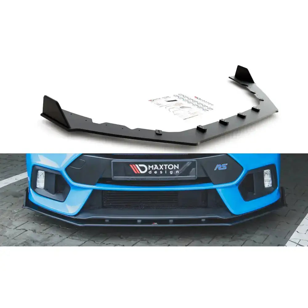Frontspoiler til Ford Focus RS Mk3 Racing Durability V.2, svart splitter med detaljer, vist på blå bil.