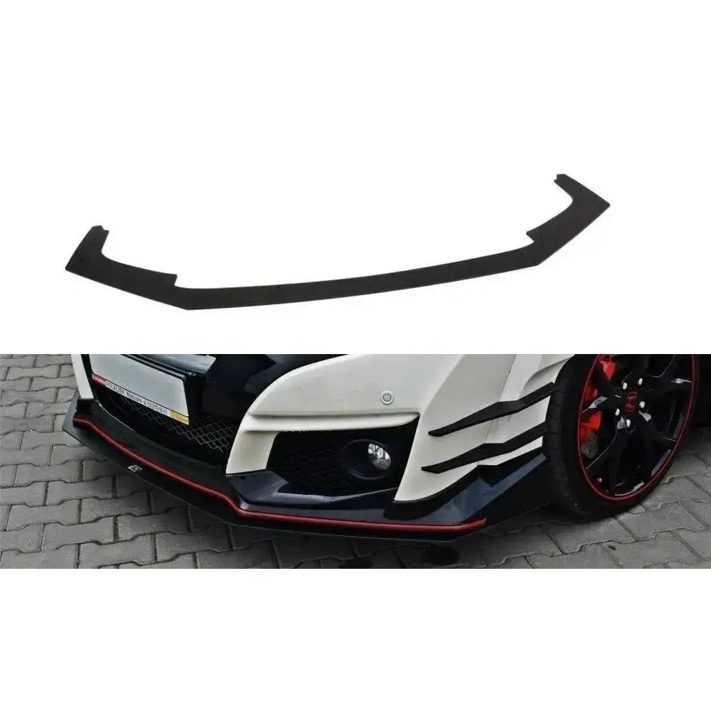 Frontspoiler Honda Civic IX Type R Racing V.1 i sort plast med rød kant, vist montert på frontfanger.