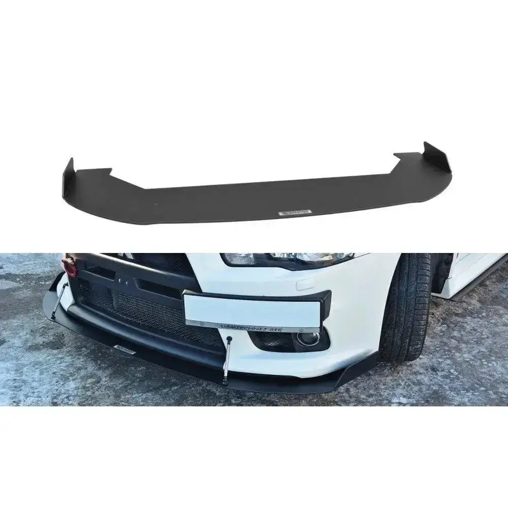 Frontspoiler Mitsubishi Lancer Evo X Racing V.2, sort plast med vinklede kanter, vist på hvit bil.