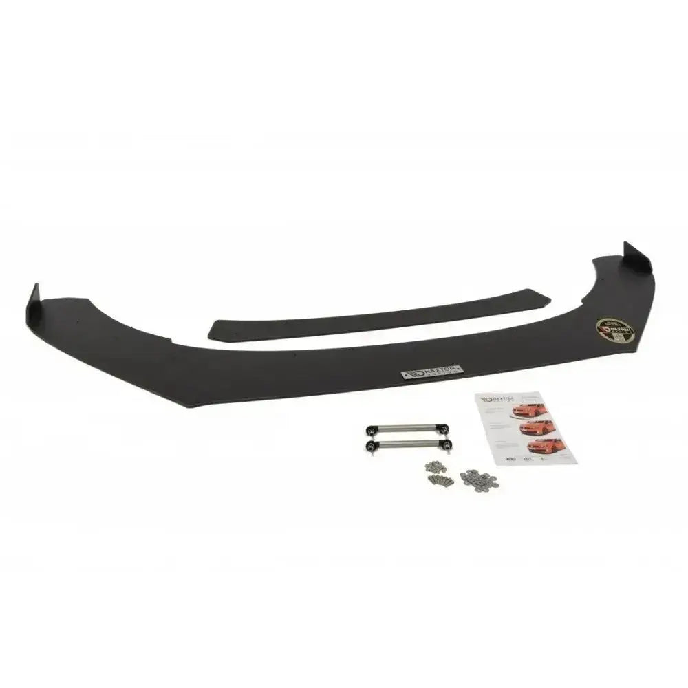 Front splitter VW Polo Mk5 GTI Facelift Racing sett ovenfra med monteringsdeler, stag og instruksjonsark.