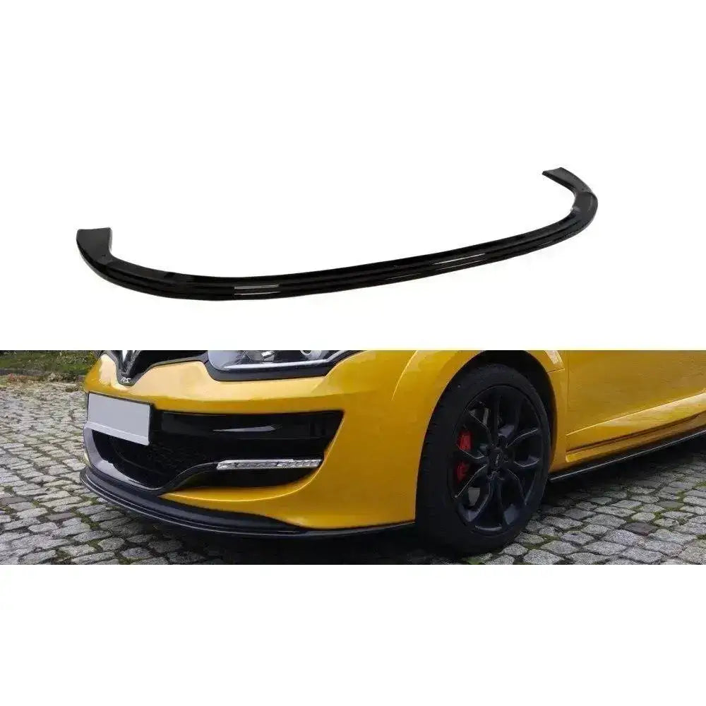 Frontspoiler til Renault Megane 3 Rs V.1 i sort glanset plast, vist separat og montert på gul bil.