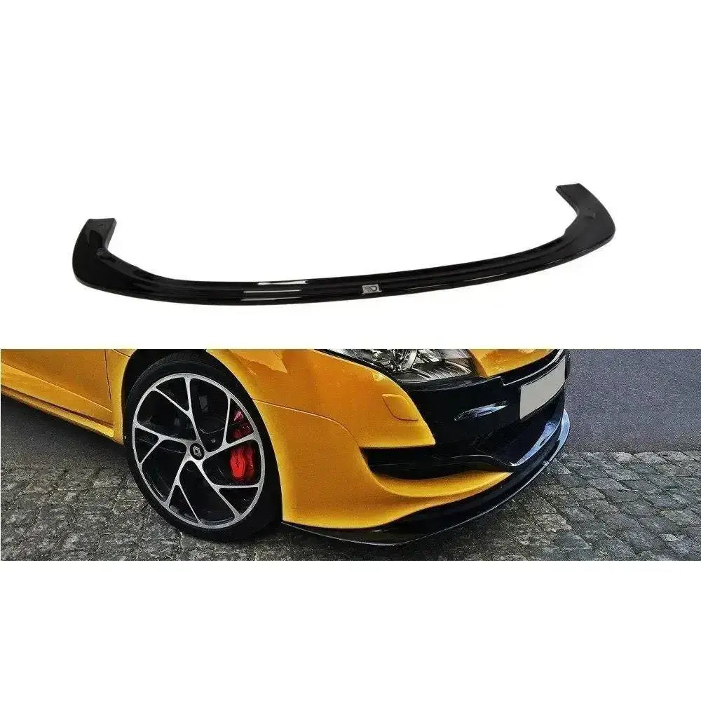 Frontspoiler til Renault Megane 3 Rs V.2 i svart blank plast, vist separat og montert på gul sportsbil.