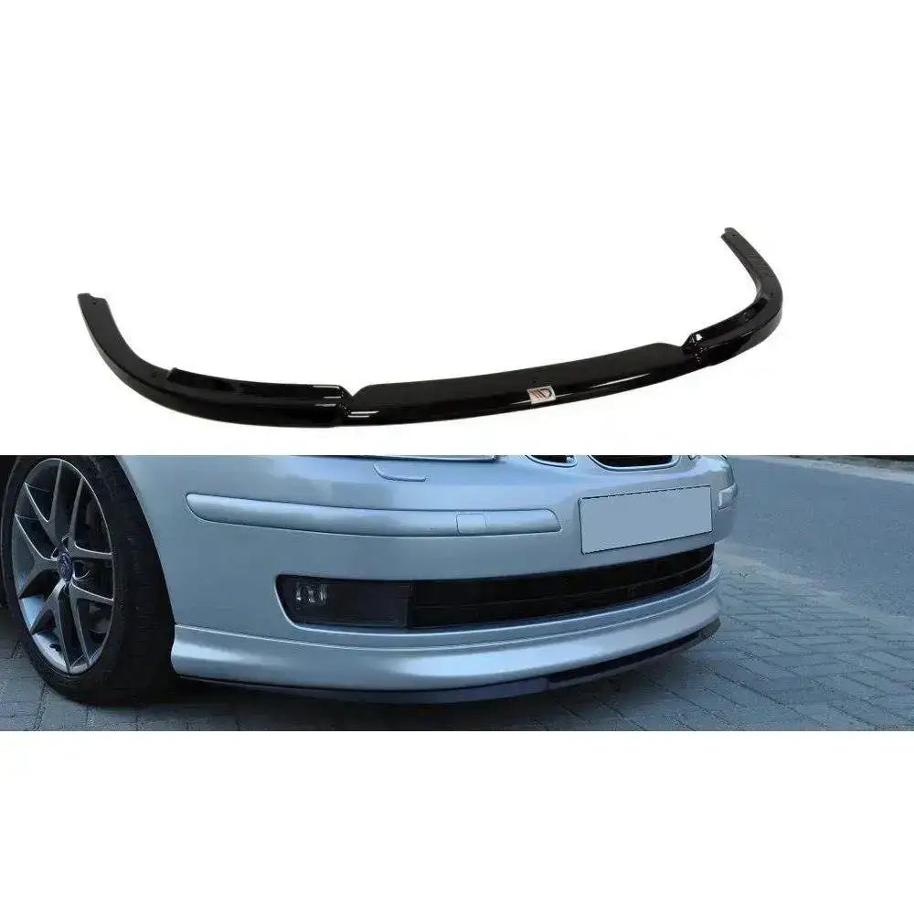 Frontspoiler til Saab 9-3 Aero i sort plast, vist både alene og montert på bil forfra og fra siden.
