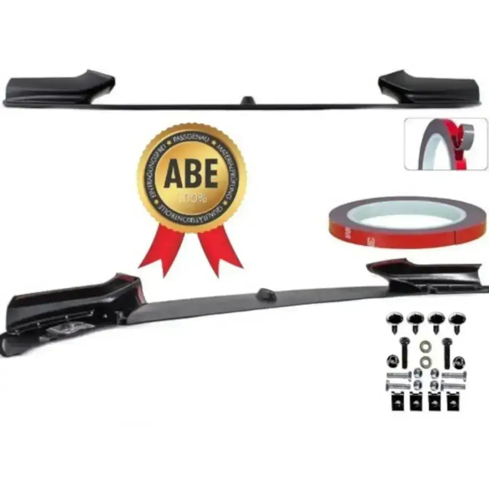 Spoiler til BMW 5 Series F10 F11 Sport-Performance med monteringsutstyr, tape og ABE-oblat på hvit bakgrunn.