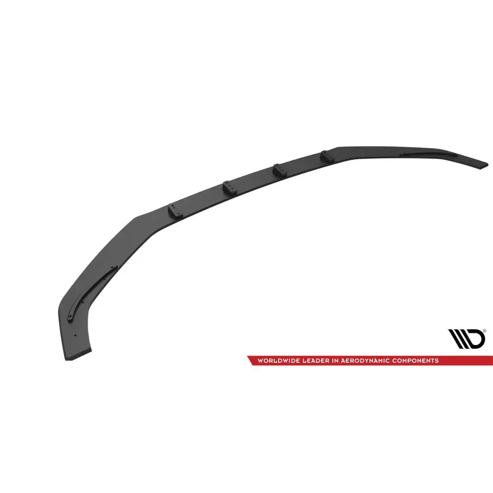 Frontspoiler til Audi A5 S-Line svart, sett ovenfra med buet form og flere festebraketter på hvit bakgrunn.