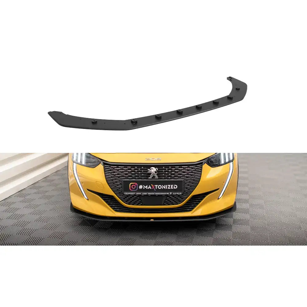 Frontspoiler Peugeot 208 GT Mk2 Street Pro sett ovenfra og montert på gul bil med sportslig design.