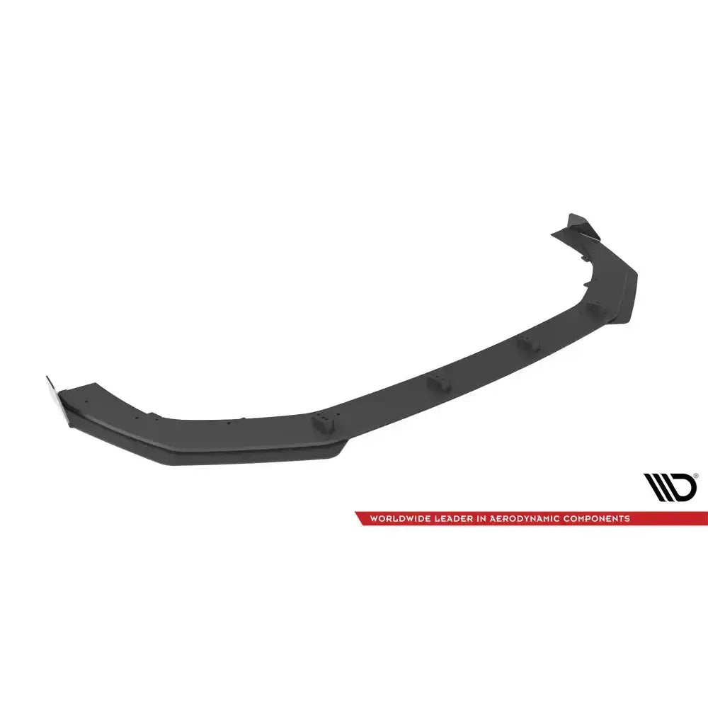 Front splitter Street Pro V.1 med flaps til Audi RS3 8Y, sort plast, skrå vinkel, hvit bakgrunn.