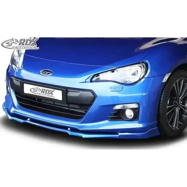 Frontspoiler til Subaru BRZ 12-21 Vario X i blått med svarte grilldetaljer sett forfra.