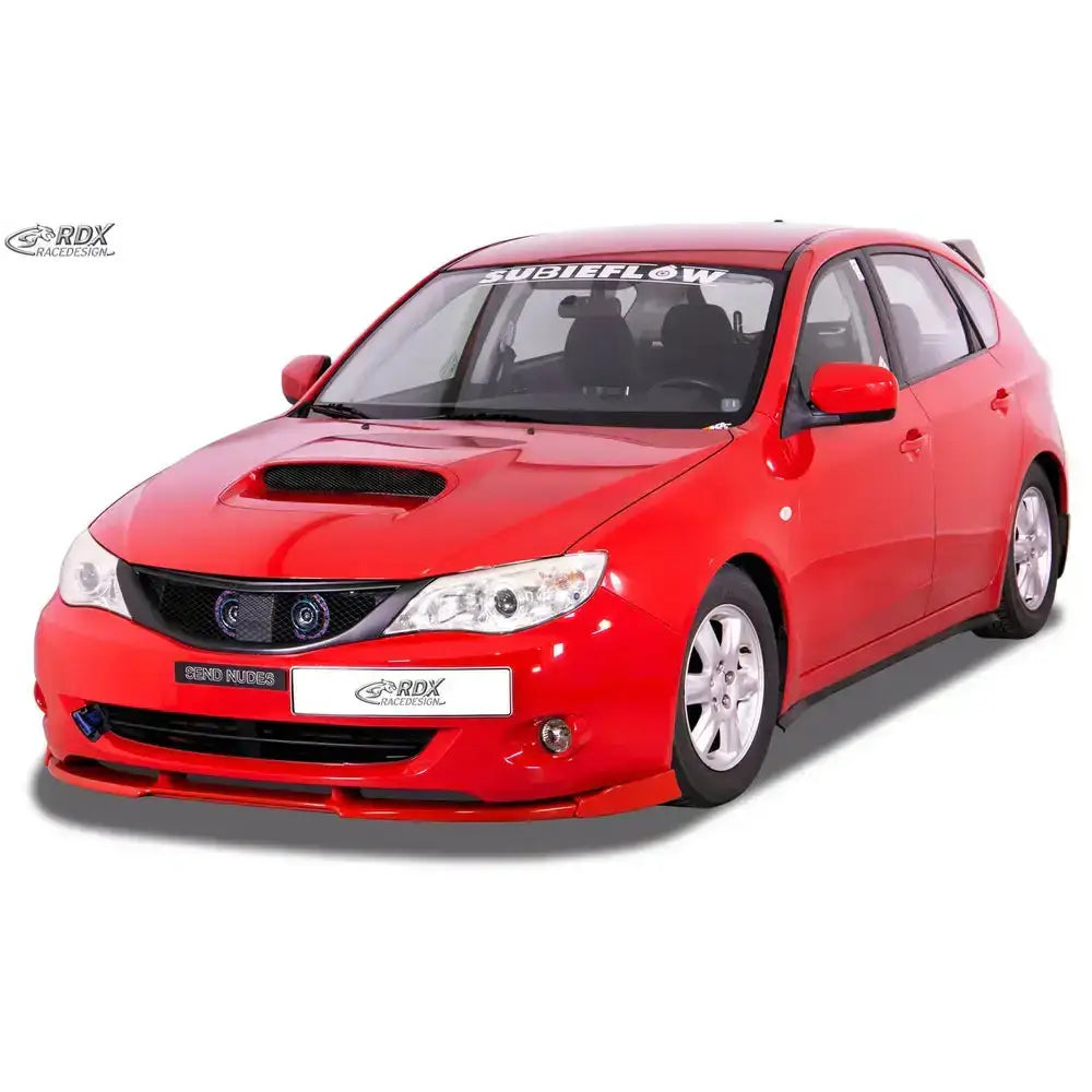 Frontleppe på Subaru Impreza GR 07-11, rød bil med sort grill og lav spoiler, sett skrått forfra.