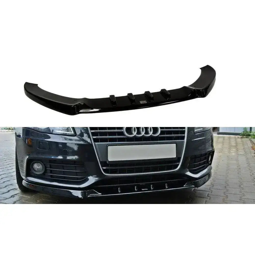 Frontspoiler Audi A4 B8 V.1 i sort glanset plast, vist foran med sporty luftkanaler.