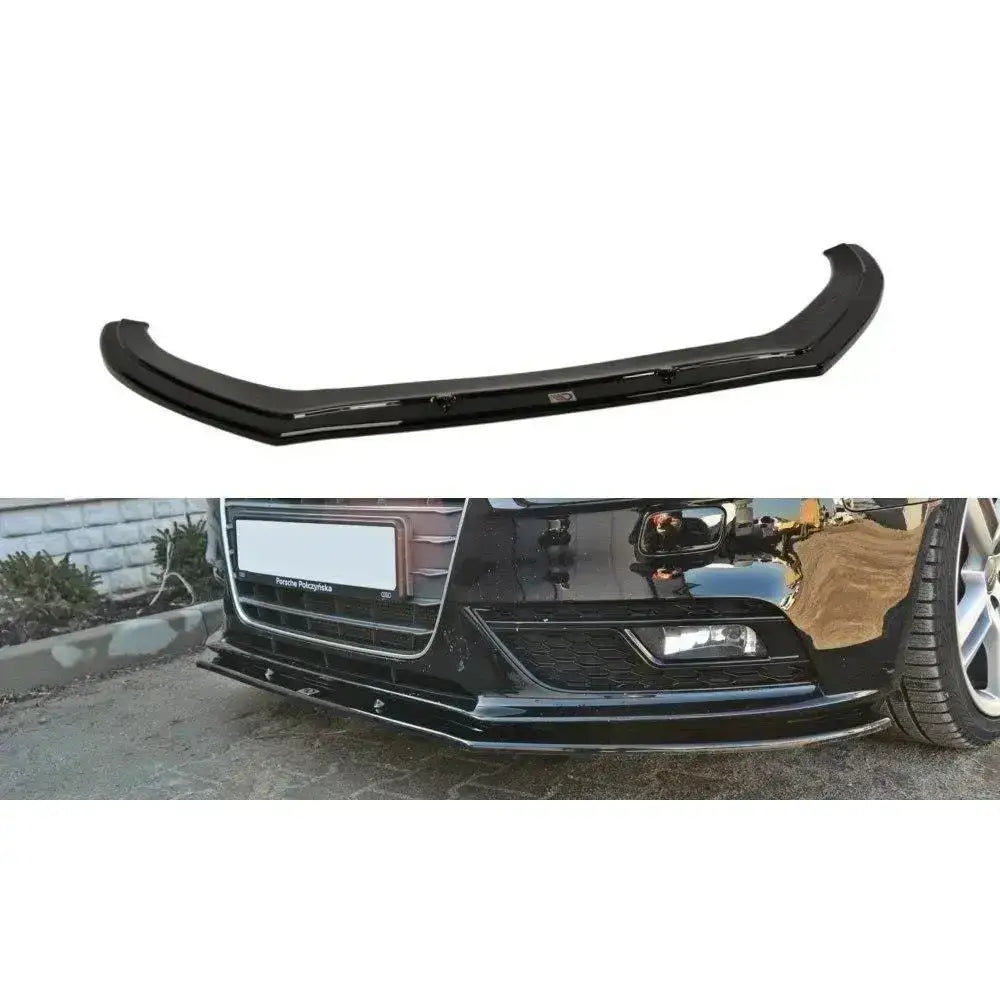 Frontspoiler Audi A4 B8 V.1 i svart plast, vist både separat og montert på bil med sort lakk.