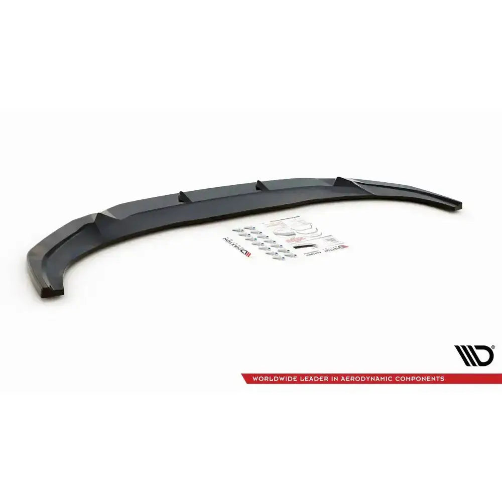 Front splitter Audi Q3 Sportback S-Line V.1 sett ovenfra med monteringsutstyr og instruksjoner på hvit bakgrunn.