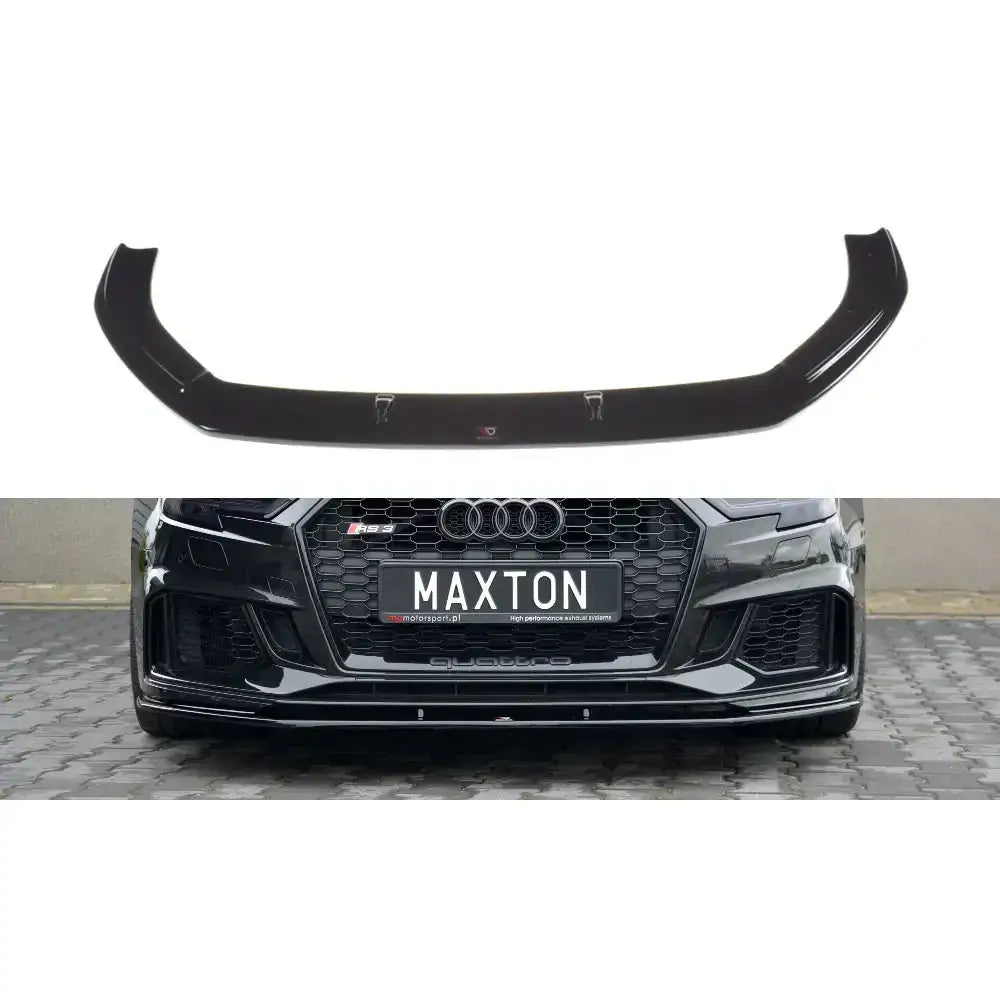 Frontspoiler Audi RS3 8V FL Sportback V.1 i blank sort plast, vist montert og separat på bilen.
